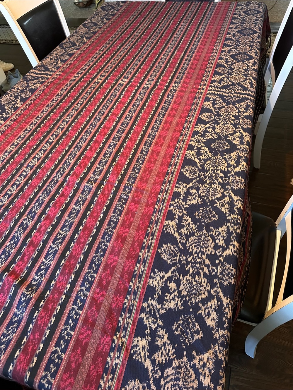 Vintage Indonesian Sumba Ikat Textile Panel With Fringe Blue Red 96”x68”